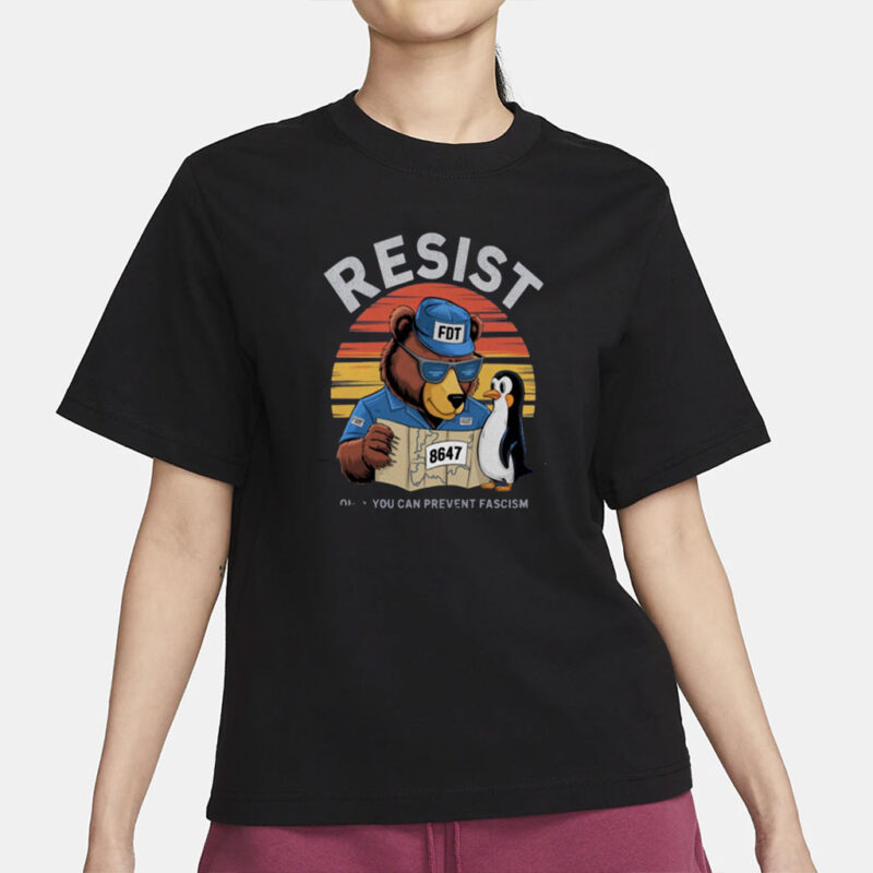 Resist FDT 8647 Bear Penguin Graphic Crewneck Tee, Anti-Fascism Shirt For Political Humor Fans And Activist Statement Wear