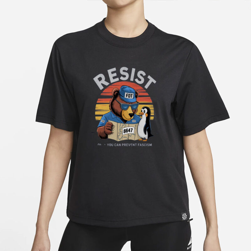 Resist FDT 8647 Bear Penguin Graphic Crewneck Tee, Anti-Fascism Shirt For Political Humor Fans And Activist Statement Wear